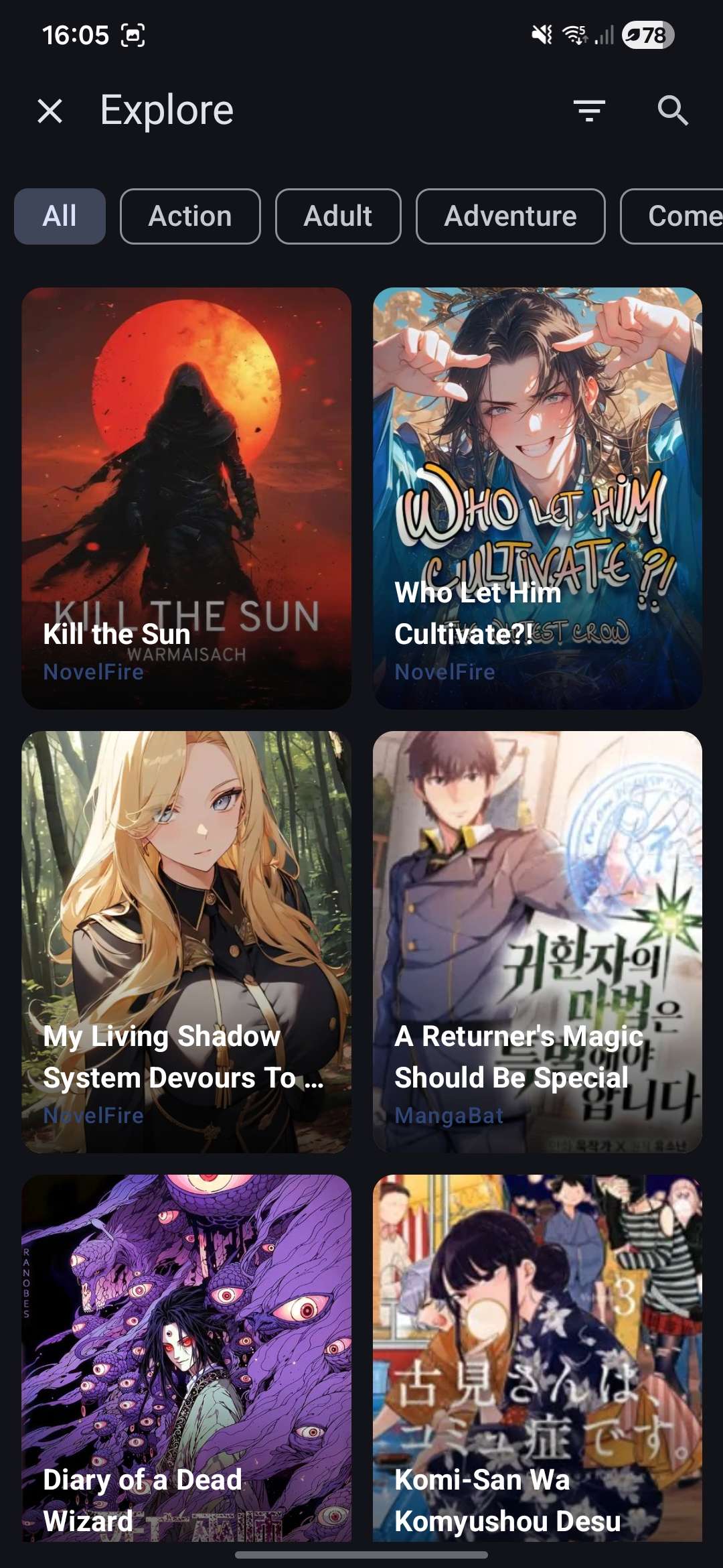 EasyReader explore screen showing discovery cards on Android