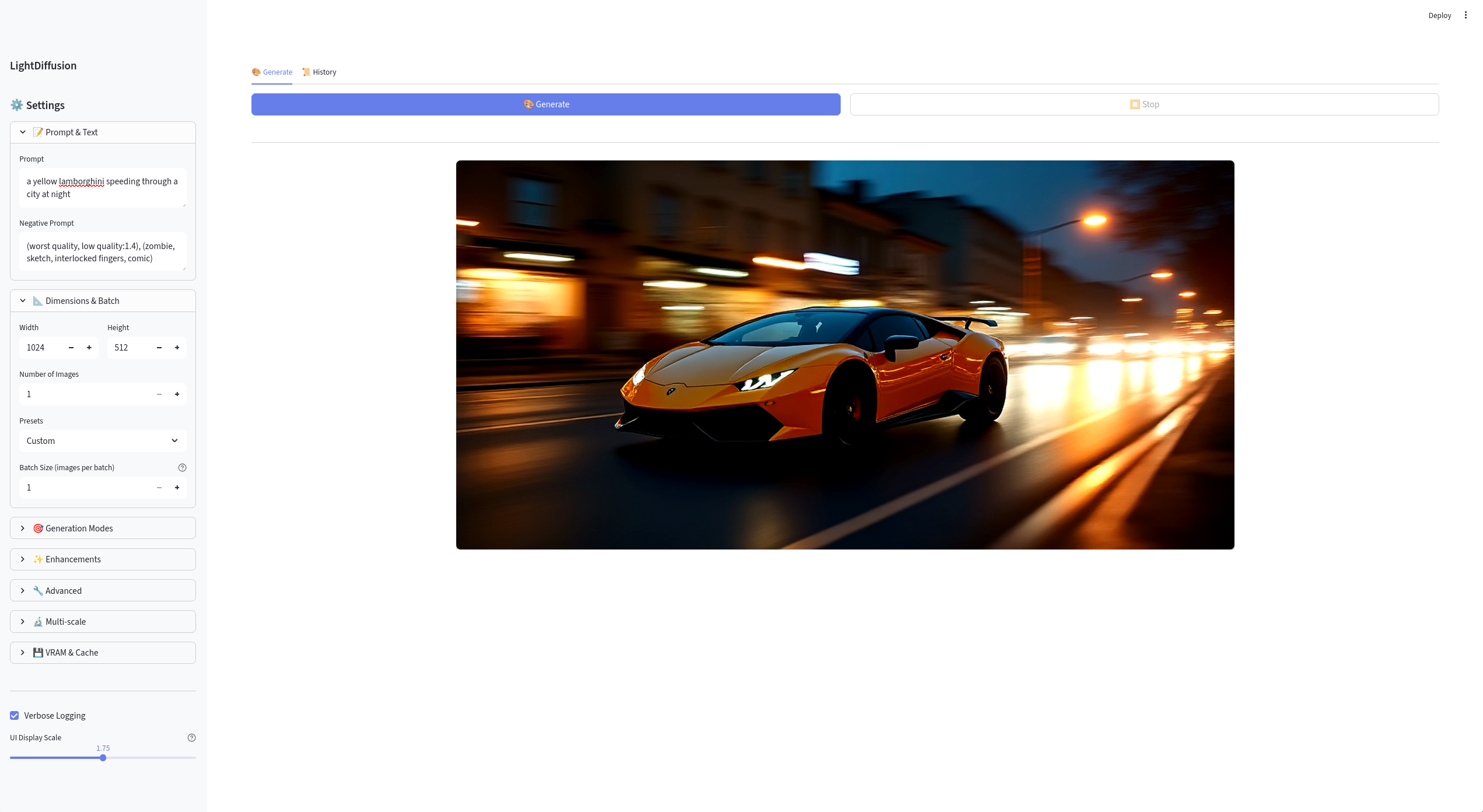 LightDiffusion-Next browser interface with prompt controls and generated output
