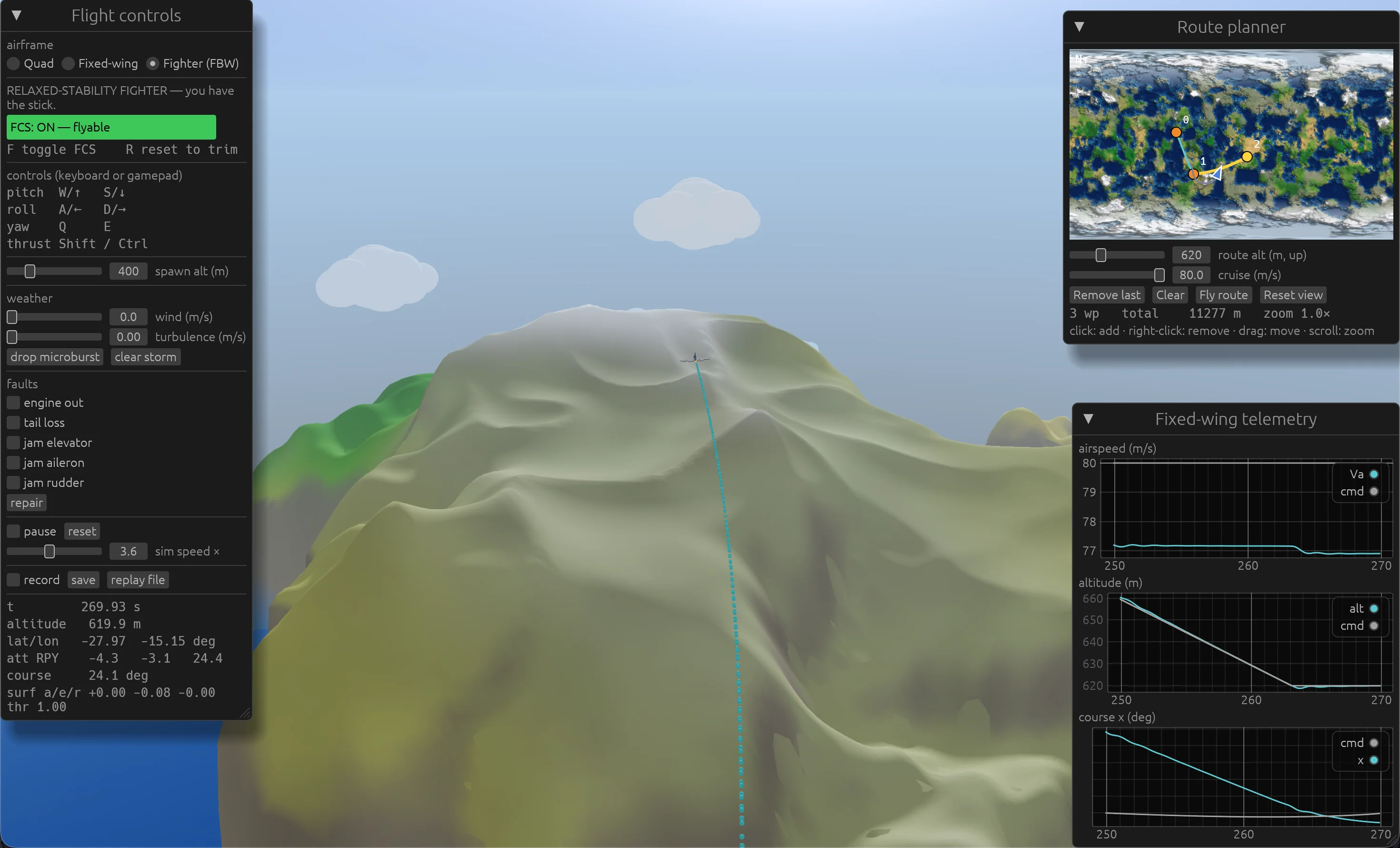 Pilotrs viewer, the fly-by-wire fighter over the 1/1000-scale Earth with route planner and live fixed-wing telemetry