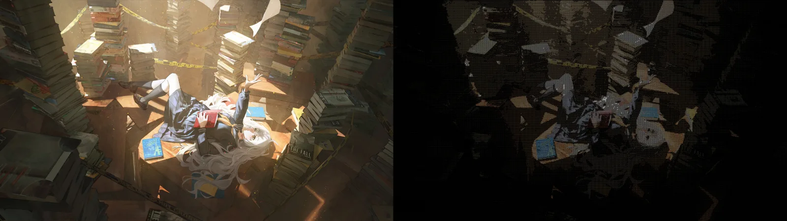 Side by side, the original illustration on the left, pixcii's colorized ASCII version on the right